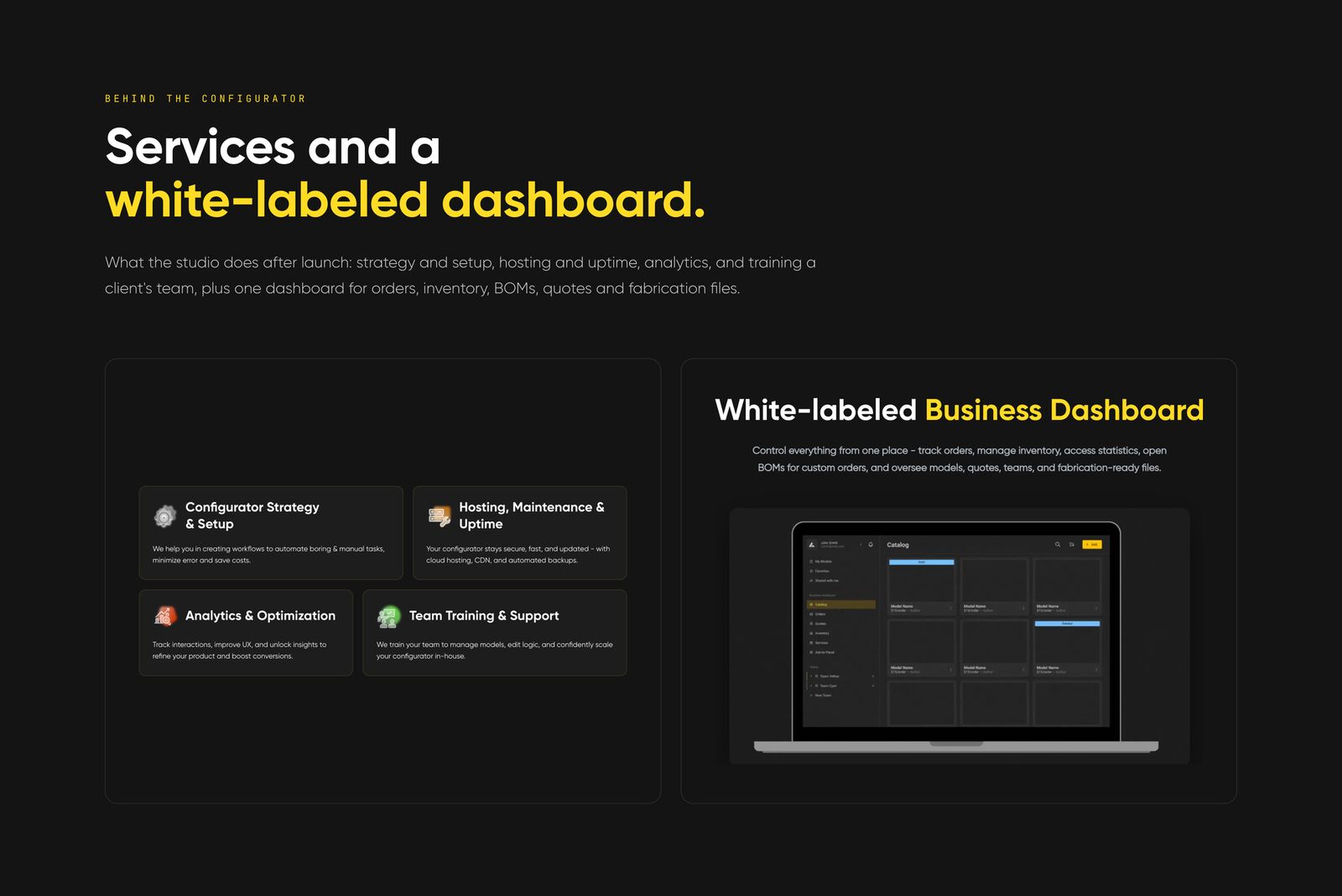 Configurator.tech · Services and a white-labeled dashboard.
